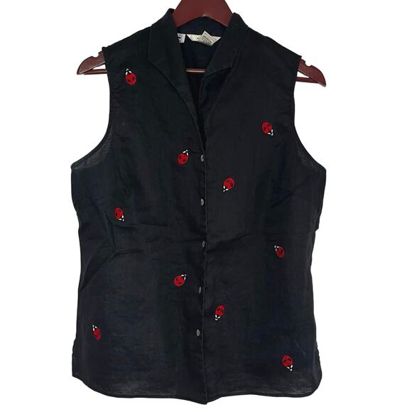 Edward Irish Linen Ladybug Embroidery Black Sleeveless Button Down Shirt Size XL - Picture 1 of 6